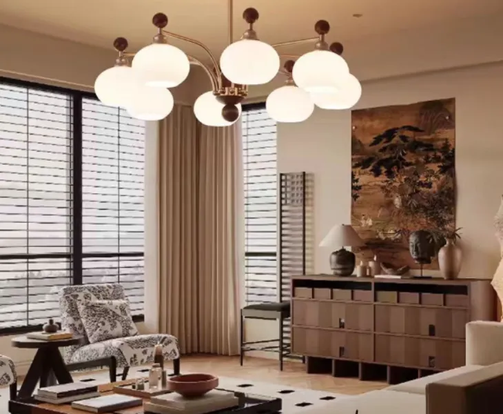 Cluster pendant lighting over living room seating area