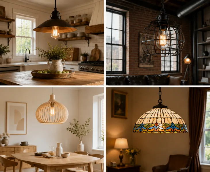 Four pendant light styles compared — farmhouse pendant over a kitchen sink, industrial cage pendant in a brick loft, Nordic wood-slat pendant in a dining nook, and Tiffany stained glass pendant lamp in a living room