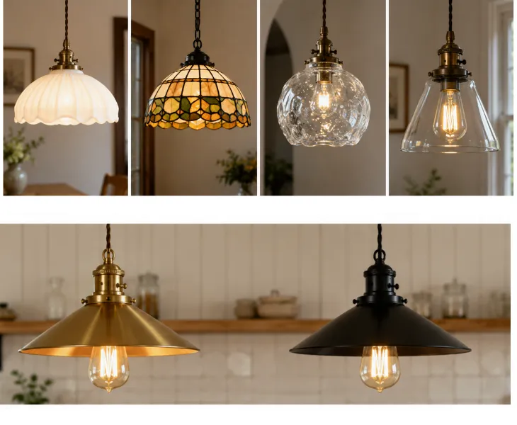 Pendant light shade materials compared — milk glass, stained glass, and clear glass close-ups, alongside a gold finish and black finish pendant light side by side in a kitchen
