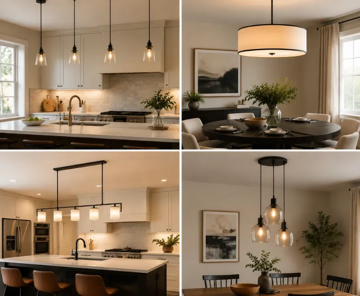 Pendant light shapes compared — mini pendant lights above a kitchen island, a drum pendant light in a living room, a linear pendant fixture above an island, and a cluster pendant light above a dining table