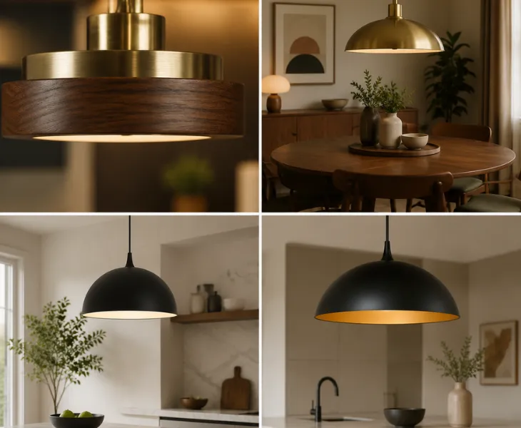 Modern matte black pendant light above a marble kitchen counter, paired with a brass pendant light above a round wooden dining table
