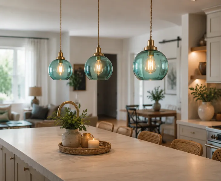 Teal glass globe pendant lights over kitchen island